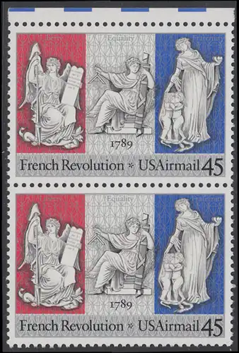 USA Michel 2044 / Scott C120 postfrisch vert.PAAR RAND oben - Luftpostmarke: 200. Jahrestag der Französischen Revolution; Sinnbilder für Freiheit, Gleichheit und Brüderlichkeit