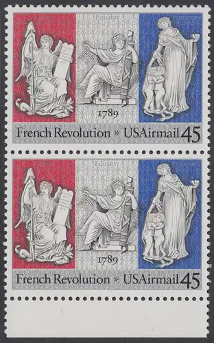 USA Michel 2044 / Scott C120 postfrisch vert.PAAR RAND unten - Luftpostmarke: 200. Jahrestag der Französischen Revolution; Sinnbilder für Freiheit, Gleichheit und Brüderlichkeit