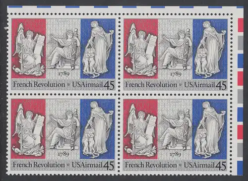 USA Michel 2044 / Scott C120 postfrisch BLOCK ECKRAND oben rechts - Luftpostmarke: 200. Jahrestag der Französischen Revolution; Sinnbilder für Freiheit, Gleichheit und Brüderlichkeit