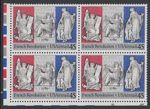 USA Michel 2044 / Scott C120 postfrisch BLOCK ECKRAND unten links - Luftpostmarke: 200. Jahrestag der Französischen Revolution; Sinnbilder für Freiheit, Gleichheit und Brüderlichkeit