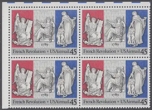 USA Michel 2044 / Scott C120 postfrisch BLOCK ECKRAND oben links - Luftpostmarke: 200. Jahrestag der Französischen Revolution; Sinnbilder für Freiheit, Gleichheit und Brüderlichkeit