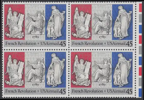 USA Michel 2044 / Scott C120 postfrisch BLOCK RÄNDER rechts - Luftpostmarke: 200. Jahrestag der Französischen Revolution; Sinnbilder für Freiheit, Gleichheit und Brüderlichkeit