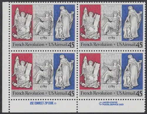 USA Michel 2044 / Scott C120 postfrisch ZIP-BLOCK (ll) - Luftpostmarke: 200. Jahrestag der Französischen Revolution; Sinnbilder für Freiheit, Gleichheit und Brüderlichkeit