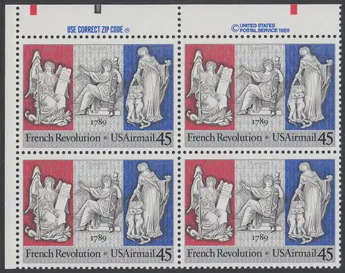 USA Michel 2044 / Scott C120 postfrisch ZIP-BLOCK (ul) - Luftpostmarke: 200. Jahrestag der Französischen Revolution; Sinnbilder für Freiheit, Gleichheit und Brüderlichkeit
