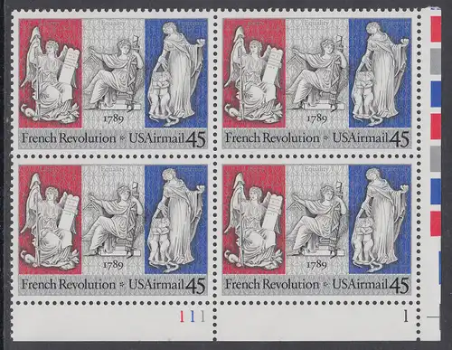 USA Michel 2044 / Scott C120 postfrisch PLATEBLOCK ECKRAND unten rechts m/ Platten-# 111-1 - Luftpostmarke: 200. Jahrestag der Französischen Revolution; Sinnbilder für Freiheit, Gleichheit und Brüderlichkeit