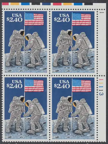 USA Michel 2046 / Scott 2419 postfrisch PLATEBLOCK ECKRAND oben rechts m/ Platten-# 1-11113 - Schnellpostmarke: 20. Jahrestag der ersten bemannten Mondlandung; Astronauten Neil Armstrong (1930-2012) und Edwin Aldrin (*1930) mit amerikanischer Flagge