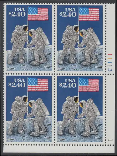 USA Michel 2046 / Scott 2419 postfrisch PLATEBLOCK ECKRAND unten rechts m/ Platten-# 11113-1 - Schnellpostmarke: 20. Jahrestag der ersten bemannten Mondlandung; Astronauten Neil Armstrong (1930-2012) und Edwin Aldrin (*1930) mit amerikanischer Flagge