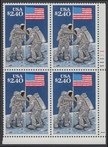 USA Michel 2046 / Scott 2419 postfrisch PLATEBLOCK ECKRAND unten rechts m/ Platten-# 11111-1 - Schnellpostmarke: 20. Jahrestag der ersten bemannten Mondlandung; Astronauten Neil Armstrong (1930-2012) und Edwin Aldrin (*1930) mit amerikanischer Flagge