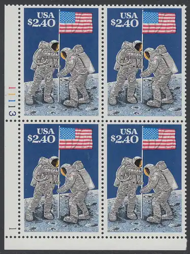 USA Michel 2046 / Scott 2419 postfrisch PLATEBLOCK ECKRAND unten links m/ Platten-# 11113-1 - Schnellpostmarke: 20. Jahrestag der ersten bemannten Mondlandung; Astronauten Neil Armstrong (1930-2012) und Edwin Aldrin (*1930) mit amerikanischer Flagge