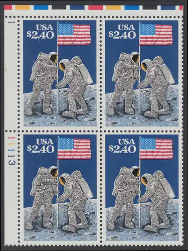 USA Michel 2046 / Scott 2419 postfrisch PLATEBLOCK ECKRAND oben links m/ Platten-# 111113 - Schnellpostmarke: 20. Jahrestag der ersten bemannten Mondlandung; Astronauten Neil Armstrong (1930-2012) und Edwin Aldrin (*1930) mit amerikanischer Flagge