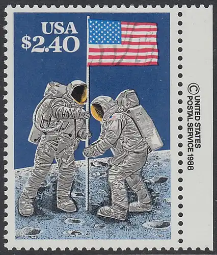 USA Michel 2046 / Scott 2419 postfrisch EINZELMARKE RAND rechts m/ copyright symbol - Schnellpostmarke: 20. Jahrestag der ersten bemannten Mondlandung; Astronauten Neil Armstrong (1930-2012) und Edwin Aldrin (*1930) mit amerikanischer Flagge