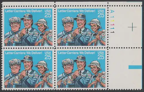 USA Michel 2048 / Scott 2420 postfrisch PLATEBLOCK ECKRAND oben rechts m/ Platten-# A11111 - Briefträger