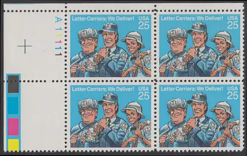 USA Michel 2048 / Scott 2420 postfrisch PLATEBLOCK ECKRAND oben links m/ Platten-# A11111 (a) - Briefträger