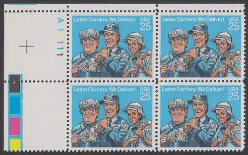 USA Michel 2048 / Scott 2420 postfrisch PLATEBLOCK ECKRAND oben links m/ Platten-# A11111 (c) - Briefträger