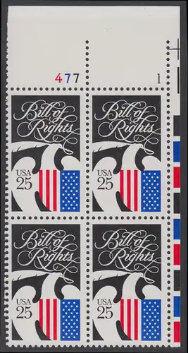 USA Michel 2050 / Scott 2421 postfrisch PLATEBLOCK ECKRAND oben rechts m/ Platten-# 1 - 200 Jahre Bill of Rights: Wappenadler mit Schreibfeder und Landesfarben