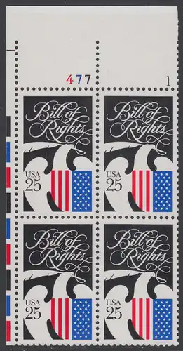 USA Michel 2050 / Scott 2421 postfrisch PLATEBLOCK ECKRAND oben links m/ Platten-# 477 - 200 Jahre Bill of Rights: Wappenadler mit Schreibfeder und Landesfarben