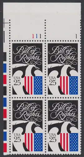 USA Michel 2050 / Scott 2421 postfrisch PLATEBLOCK ECKRAND oben links m/ Platten-# 111 - 200 Jahre Bill of Rights: Wappenadler mit Schreibfeder und Landesfarben