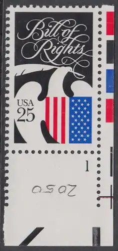 USA Michel 2050 / Scott 2421 postfrisch EINZELMARKE ECKRAND unten rechts m/ Platten-# 1 - 200 Jahre Bill of Rights: Wappenadler mit Schreibfeder und Landesfarben