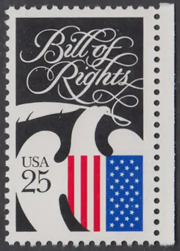 USA Michel 2050 / Scott 2421 postfrisch EINZELMARKE RAND rechts (a1) - 200 Jahre Bill of Rights: Wappenadler mit Schreibfeder und Landesfarben