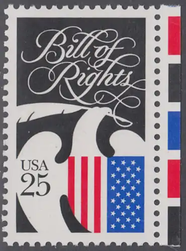 USA Michel 2050 / Scott 2421 postfrisch EINZELMARKE RAND rechts (a4) - 200 Jahre Bill of Rights: Wappenadler mit Schreibfeder und Landesfarben