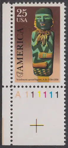 USA Michel 2055 / Scott 2426 postfrisch EINZELMARKE ECKRAND unten links m/ Platten-# A11111 - Amerika: Kunst und Brauchtum der indianischen Ureinwohner; Schnitzfigur (Mimbres-Kultur)