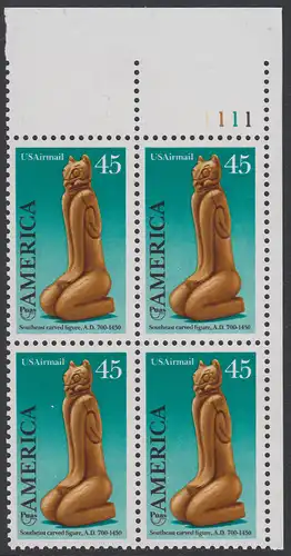USA Michel 2056 / Scott C121 postfrisch PLATEBLOCK ECKRAND oben rechts m/ Platten-# 1111 (b) - Luftpostmarke: Amerika: Kunst und Brauchtum der indianischen Ureinwohner; Schnitzfigur (Calusa-Kultur)