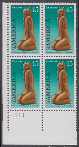 USA Michel 2056 / Scott C121 postfrisch PLATEBLOCK ECKRAND unten links m/ Platten-# 1111 (a) - Luftpostmarke: Amerika: Kunst und Brauchtum der indianischen Ureinwohner; Schnitzfigur (Calusa-Kultur)