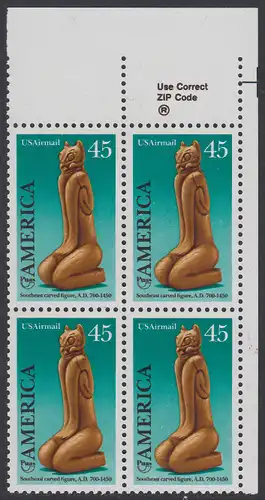 USA Michel 2056 / Scott C121 postfrisch ZIP-BLOCK (ur) - Luftpostmarke: Amerika: Kunst und Brauchtum der indianischen Ureinwohner; Schnitzfigur (Calusa-Kultur)