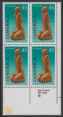 USA Michel 2056 / Scott C121 postfrisch ZIP-BLOCK (lr) - Luftpostmarke: Amerika: Kunst und Brauchtum der indianischen Ureinwohner; Schnitzfigur (Calusa-Kultur)
