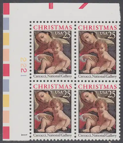 USA Michel 2057 / Scott 2427 postfrisch PLATEBLOCK ECKRAND oben links m/ Platten-# 2221 (b) - Weihnachten: Maria mit Kind