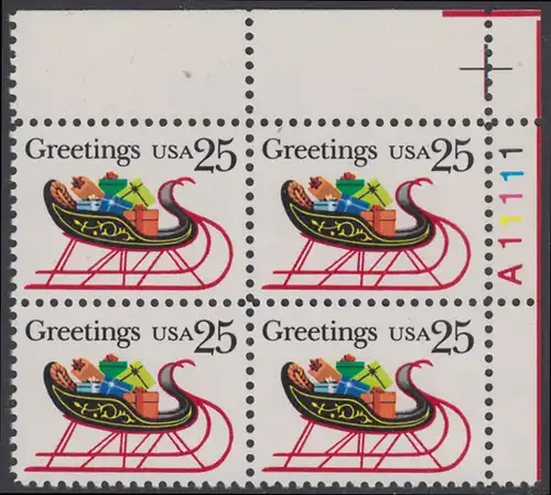 USA Michel 2058 / Scott 2428 postfrisch PLATEBLOCK ECKRAND oben rechts m/ Platten-# A11111 (b) - Weihnachten: Schlitten mit Geschenkpäckchen