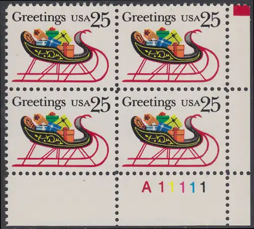 USA Michel 2058 / Scott 2428 postfrisch PLATEBLOCK ECKRAND unten rechts m/ Platten-# A11111 - Weihnachten: Schlitten mit Geschenkpäckchen