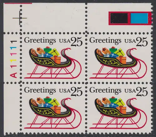 USA Michel 2058 / Scott 2428 postfrisch PLATEBLOCK ECKRAND oben links m/ Platten-# A11111 - Weihnachten: Schlitten mit Geschenkpäckchen