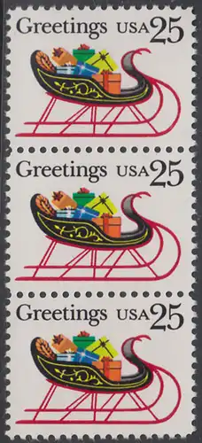 USA Michel 2058 / Scott 2428 postfrisch vert.STRIP(3) - Weihnachten: Schlitten mit Geschenkpäckchen