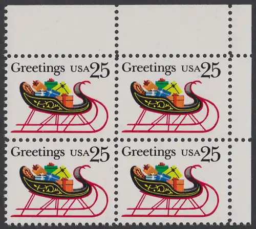 USA Michel 2058 / Scott 2428 postfrisch BLOCK ECKRAND oben rechts - Weihnachten: Schlitten mit Geschenkpäckchen