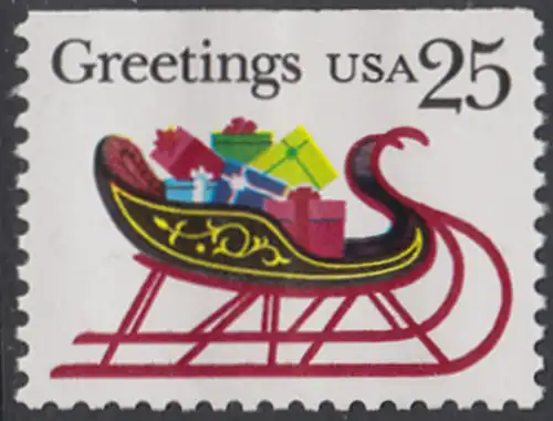 USA Michel 2058D / Scott 2429 postfrisch EINZELMARKE (oben ungezähnt) - Weihnachten: Schlitten mit Geschenkpäckchen