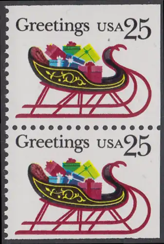 USA Michel 2058D / Scott 2429 postfrisch vert.PAAR (oben & rechts ungezähnt) - Weihnachten: Schlitten mit Geschenkpäckchen