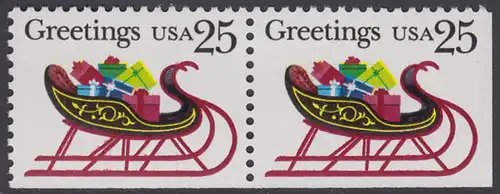 USA Michel 2058D / Scott 2429 postfrisch horiz.PAAR (rechts & unten ungezähnt) - Weihnachten: Schlitten mit Geschenkpäckchen
