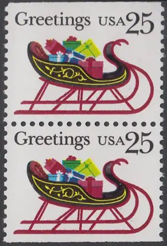 USA Michel 2058D / Scott 2429 postfrisch vert.PAAR (oben & unten ungezähnt) - Weihnachten: Schlitten mit Geschenkpäckchen