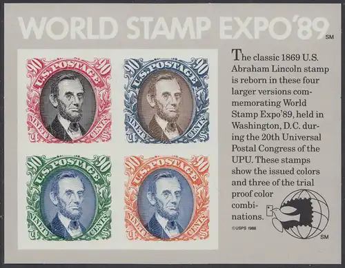 USA Michel 2060-2063 / Scott 2433 postfrisch SATZ(4) BLOCKAUSGABE(4) (Mini-Bogen) - Internationale Briefmarkenausstellung WORLD STAMP EXPO ’89, Washington