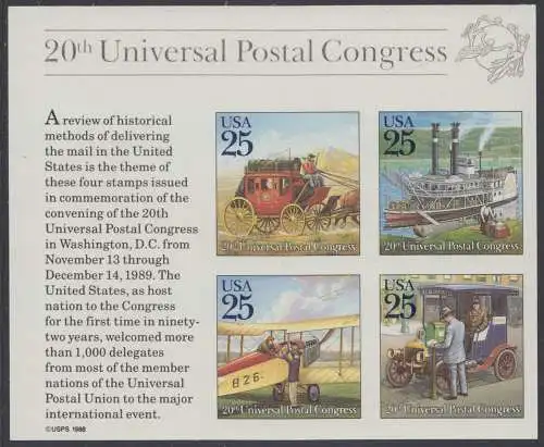 USA Michel 2064-2067 / Scott 2438 postfrisch BLOCKAUSGABE(4) - 20. Kongress des Weltpostvereins (UPU) (I): Historische Postbeförderung