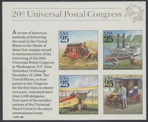 USA Michel 2064-2067 / Scott 2438 postfrisch BLOCKAUSGABE(4) (aus Mini-Bogen) - 20. Kongress des Weltpostvereins (UPU) (I): Historische Postbeförderung