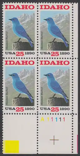 USA Michel 2072 / Scott 2439 postfrisch PLATEBLOCK ECKRAND unten rechts m/ Platten-# A11111 - 100 Jahre Staat Idaho: Berghüttensänger