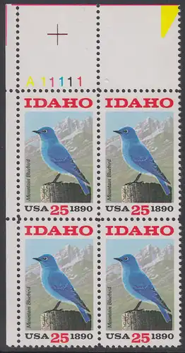 USA Michel 2072 / Scott 2439 postfrisch PLATEBLOCK ECKRAND oben links m/ Platten-# A11111 - 100 Jahre Staat Idaho: Berghüttensänger