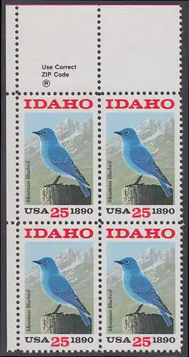 USA Michel 2072 / Scott 2439 postfrisch ZIP-BLOCK (ul) - 100 Jahre Staat Idaho: Berghüttensänger