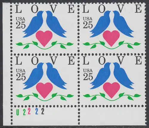 USA Michel 2073 / Scott 2440 postfrisch PLATEBLOCK ECKRAND unten links m/ Platten-# U2222 (a) - Grußmarken: Tauben, Herz