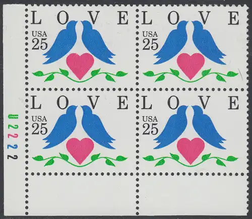 USA Michel 2073 / Scott 2440 postfrisch PLATEBLOCK ECKRAND unten links m/ Platten-# U2222 (c) - Grußmarken: Tauben, Herz