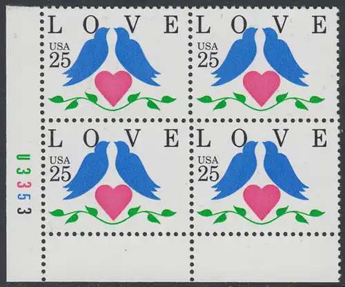 USA Michel 2073 / Scott 2440 postfrisch PLATEBLOCK ECKRAND unten links m/ Platten-# U3353 (b) - Grußmarken: Tauben, Herz