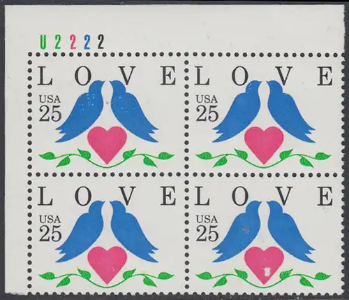 USA Michel 2073 / Scott 2440 postfrisch PLATEBLOCK ECKRAND oben links m/ Platten-# U2222 - Grußmarken: Tauben, Herz