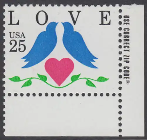 USA Michel 2073 / Scott 2440 postfrisch EINZELMARKE ECKRAND unten rechts m/ ZIP-Emblem - Grußmarken: Tauben, Herz
